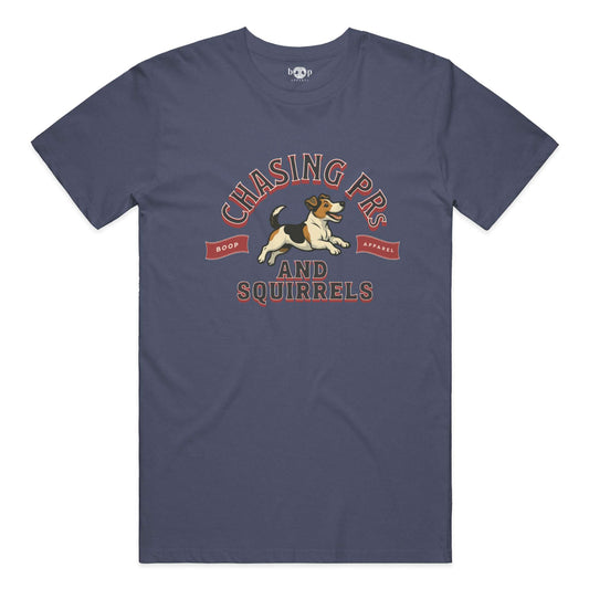 Funny dog owner t-shirt with sarcastic humor -Chasing PRs and Squirrels - Heather T