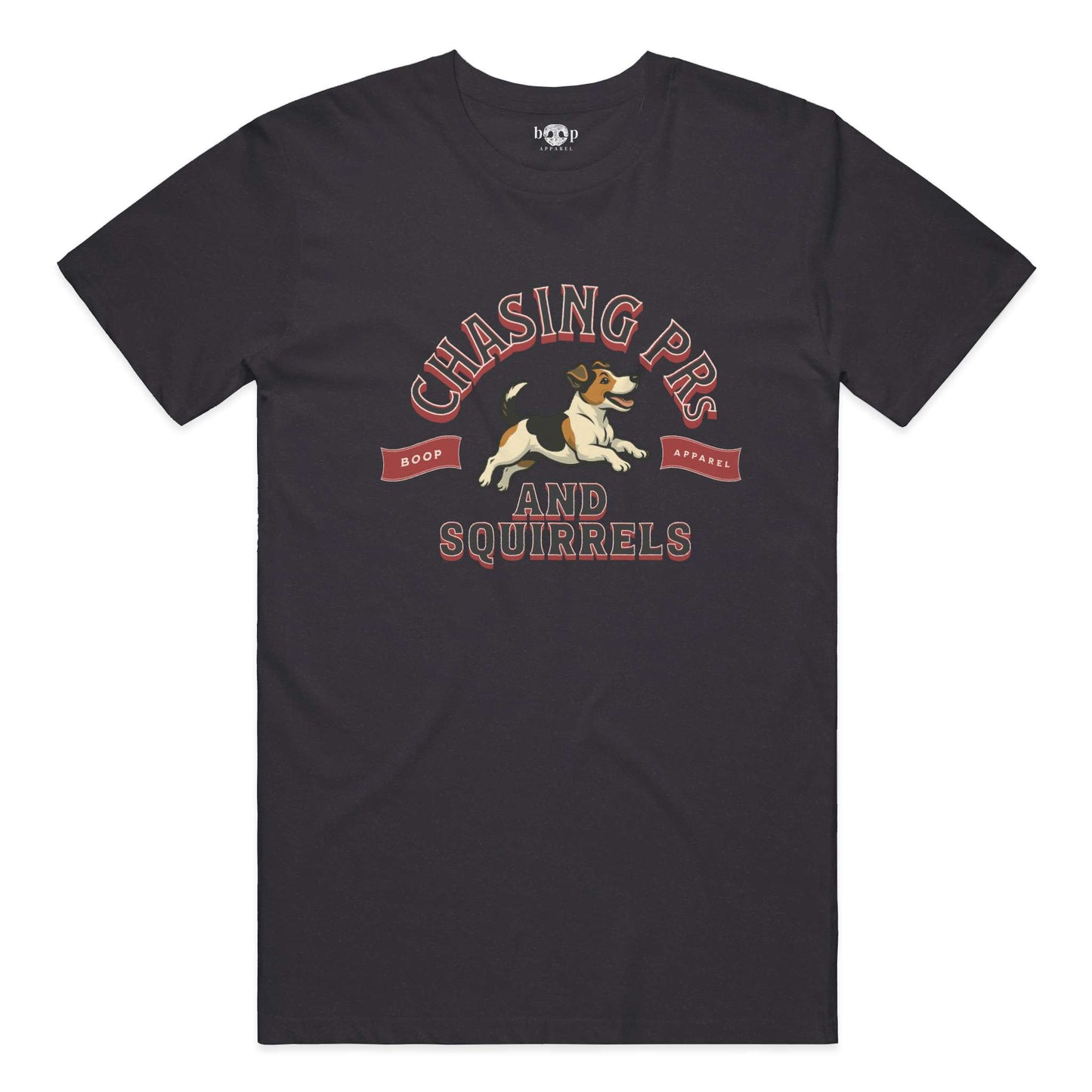 Funny dog owner t-shirt with sarcastic humor -Chasing PRs and Squirrels - Heather T