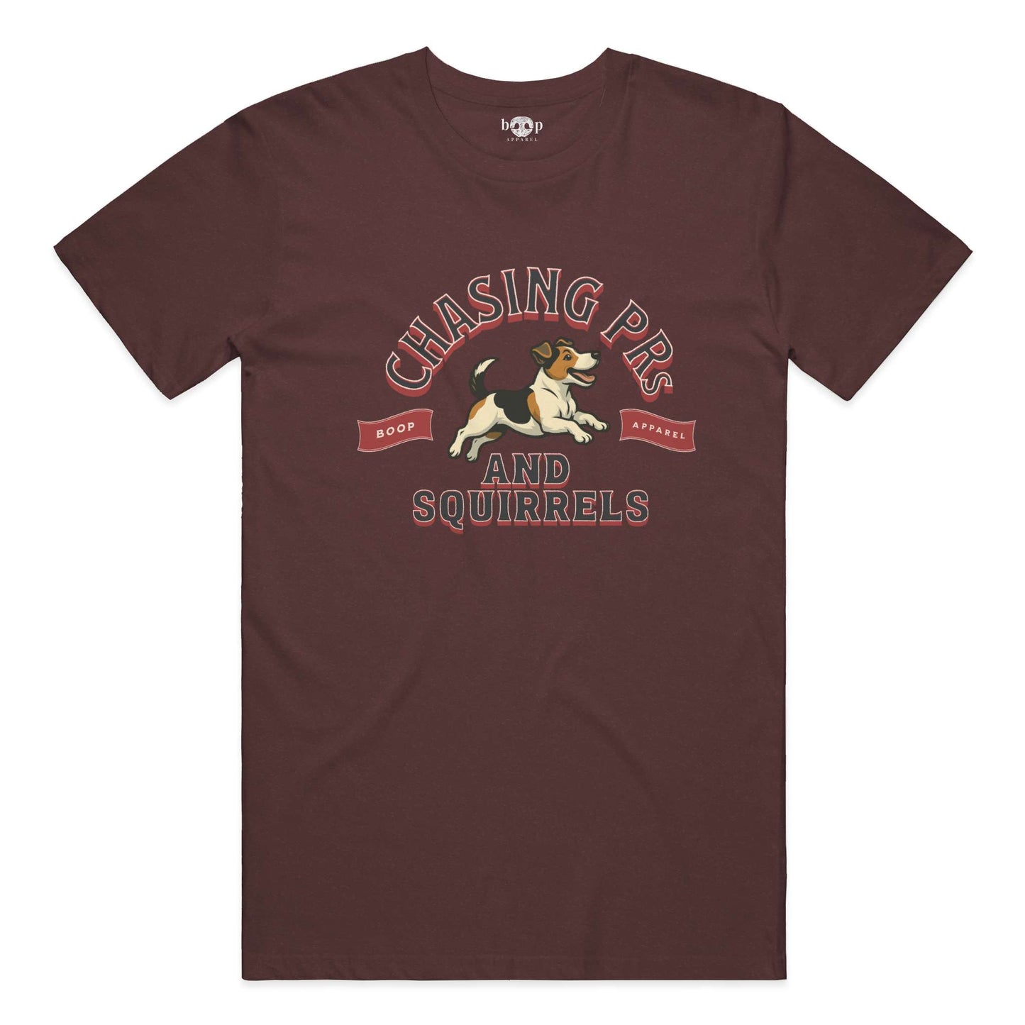 Funny dog owner t-shirt with sarcastic humor -Chasing PRs and Squirrels - Heather T