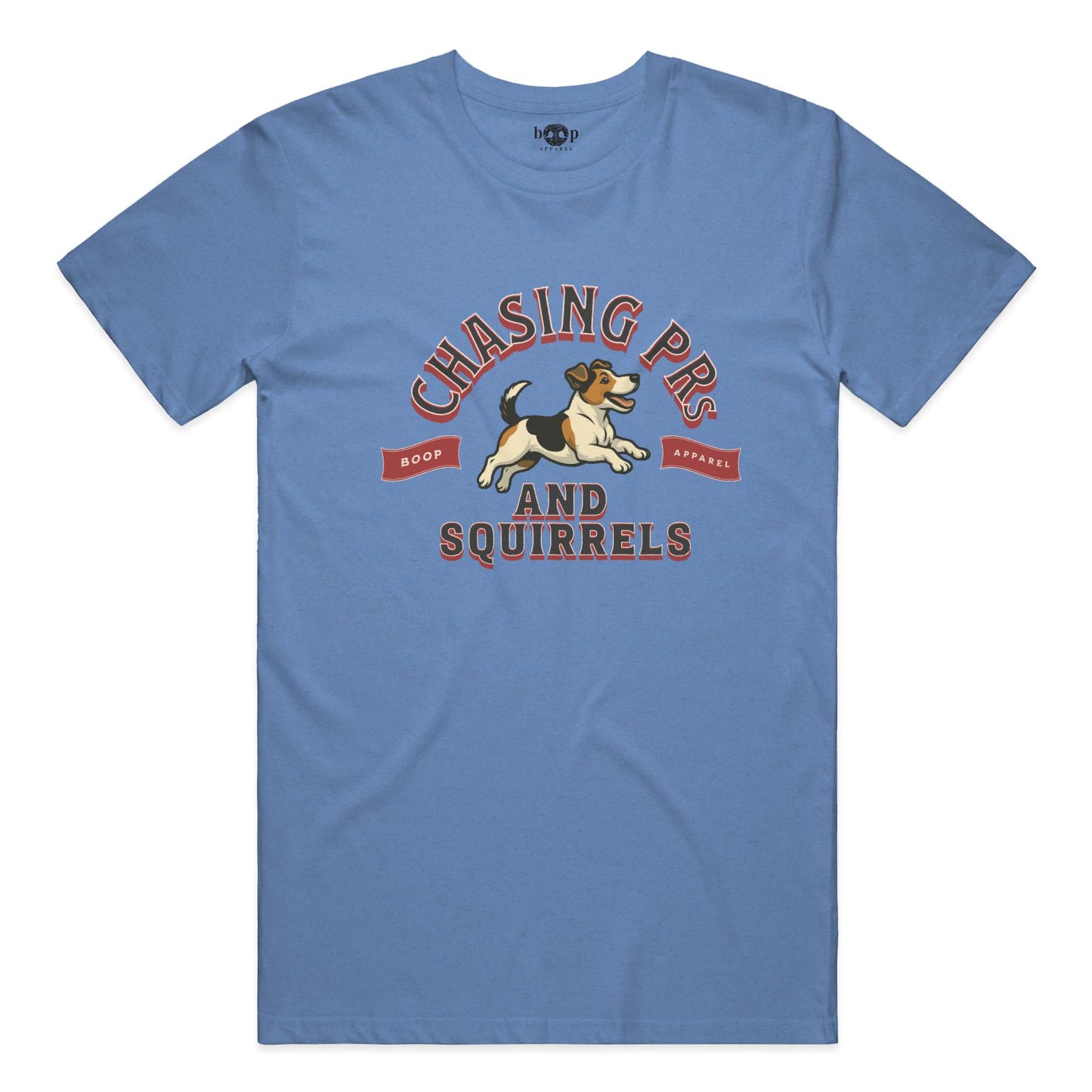 Funny dog owner t-shirt with sarcastic humor -Chasing PRs and Squirrels - Heather T