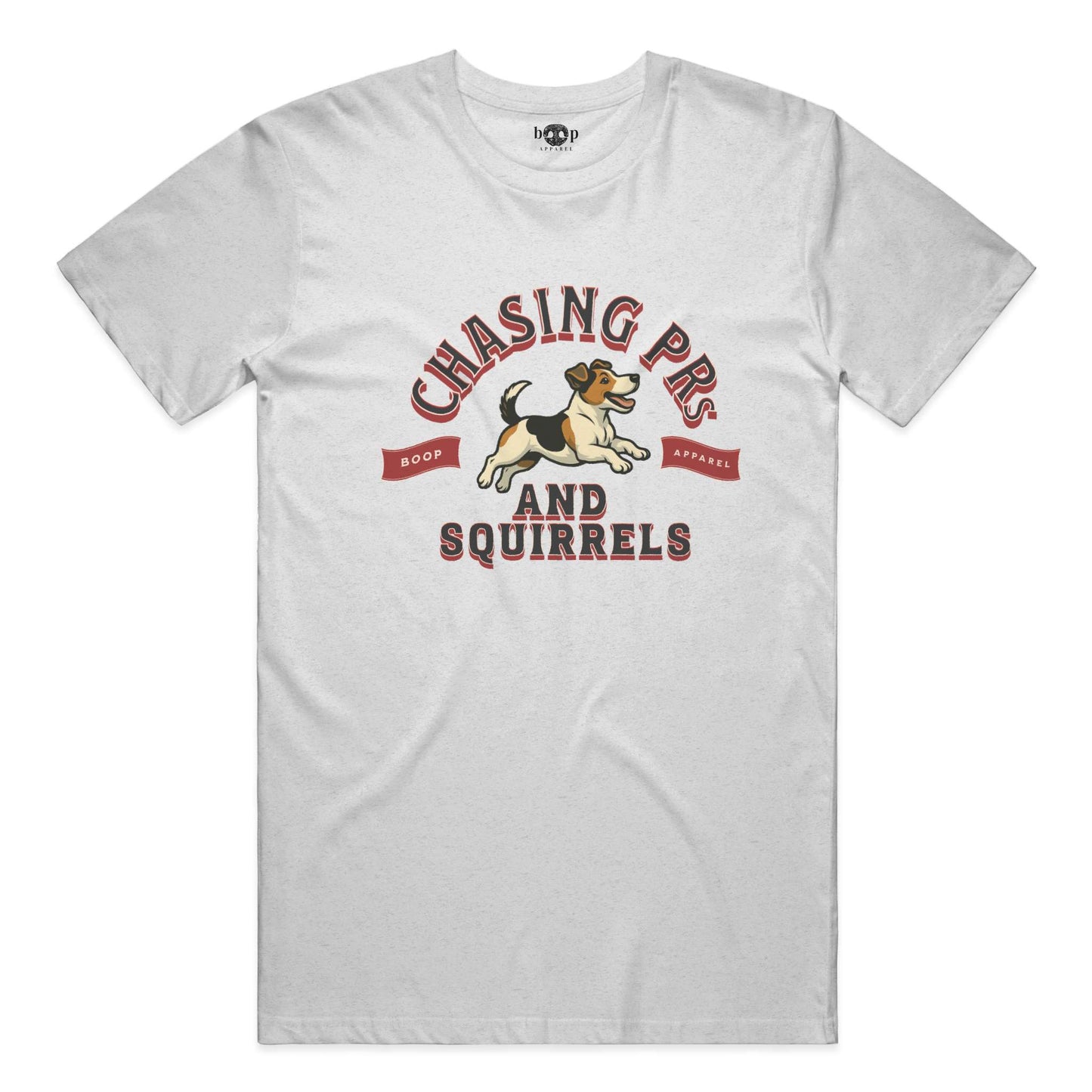 Funny dog owner t-shirt with sarcastic humor -Chasing PRs and Squirrels - Heather T