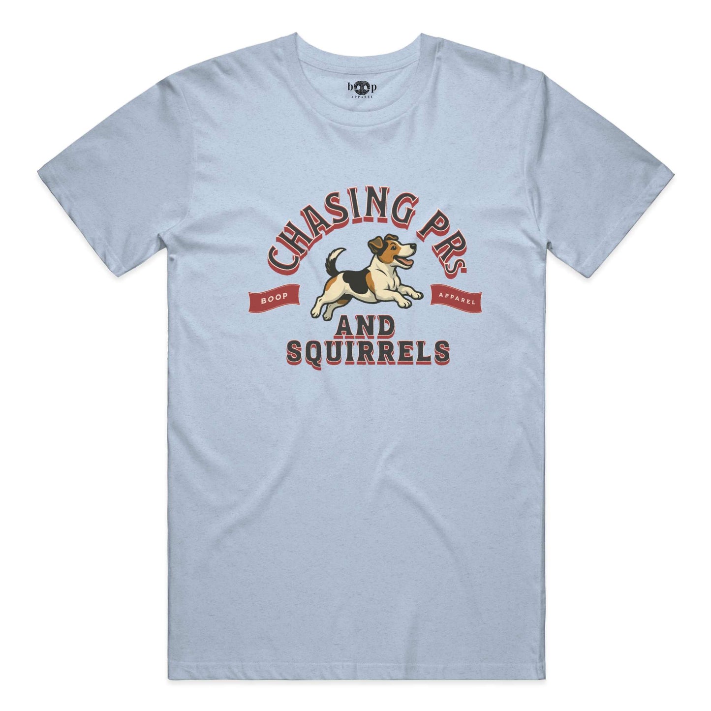 Funny dog owner t-shirt with sarcastic humor -Chasing PRs and Squirrels - Heather T