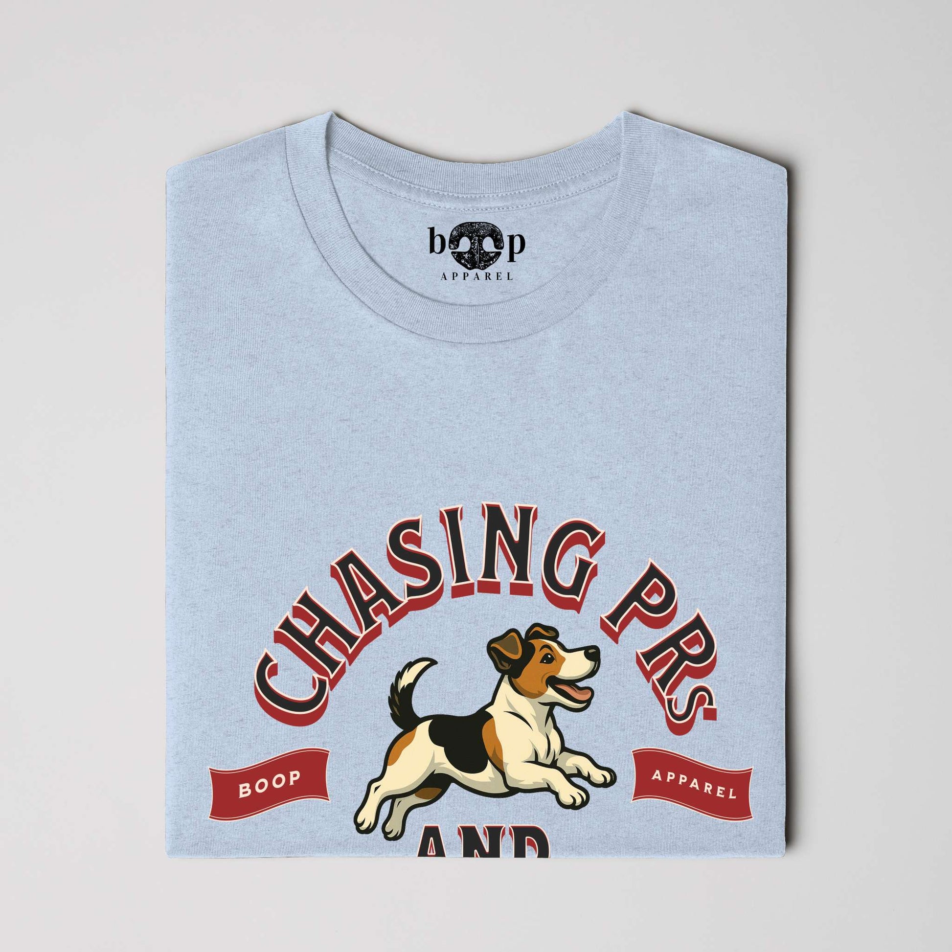 Funny dog owner t-shirt with sarcastic humor -Chasing PRs and Squirrels - Heather T