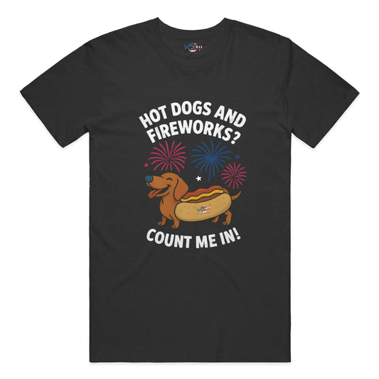 Funny dog owner t-shirt with sarcastic humor -Hot Dogs and Fireworks - Heather T