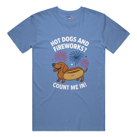 Funny dog owner t-shirt with sarcastic humor -Hot Dogs and Fireworks - Heather T