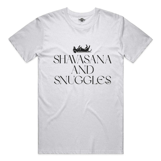 Funny dog owner t-shirt with sarcastic humor -Shavasana and Snuggles - Heather T