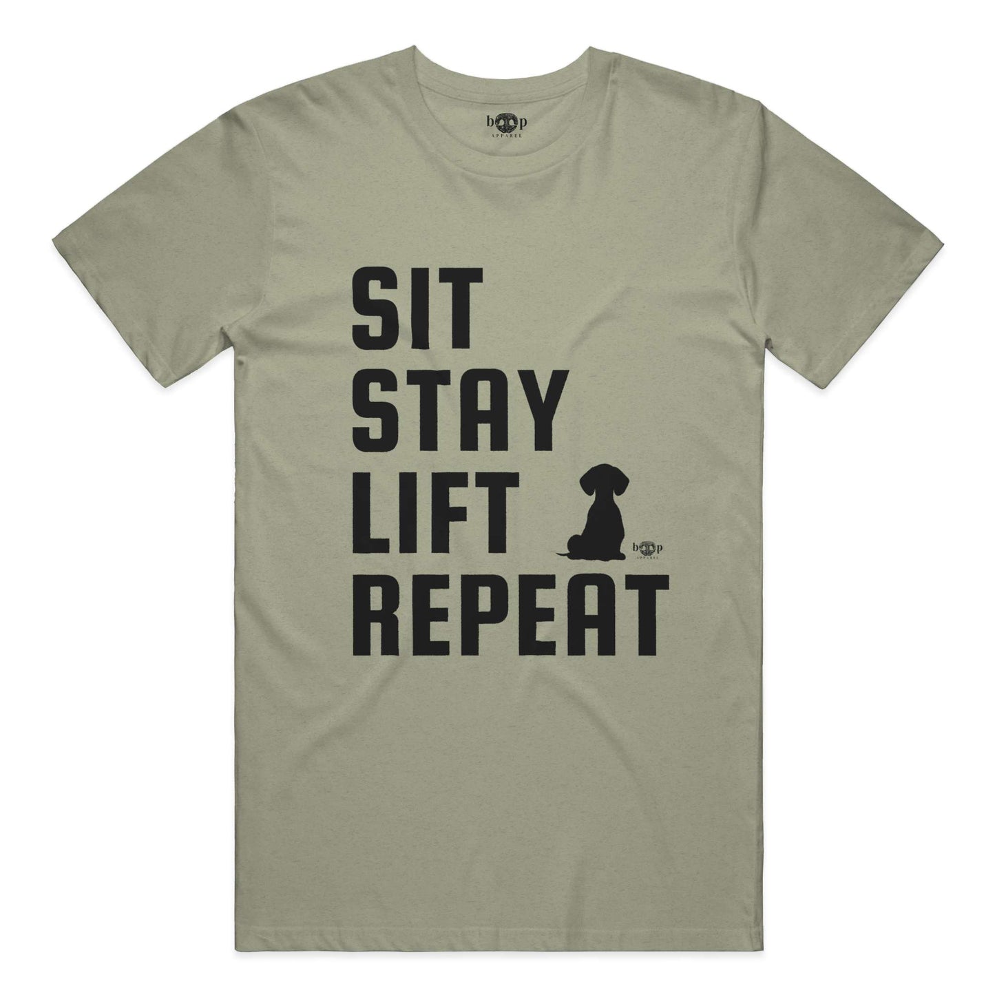 Funny dog owner t-shirt with sarcastic humor -Sit, Stay, Lift, Repeat - Heather T