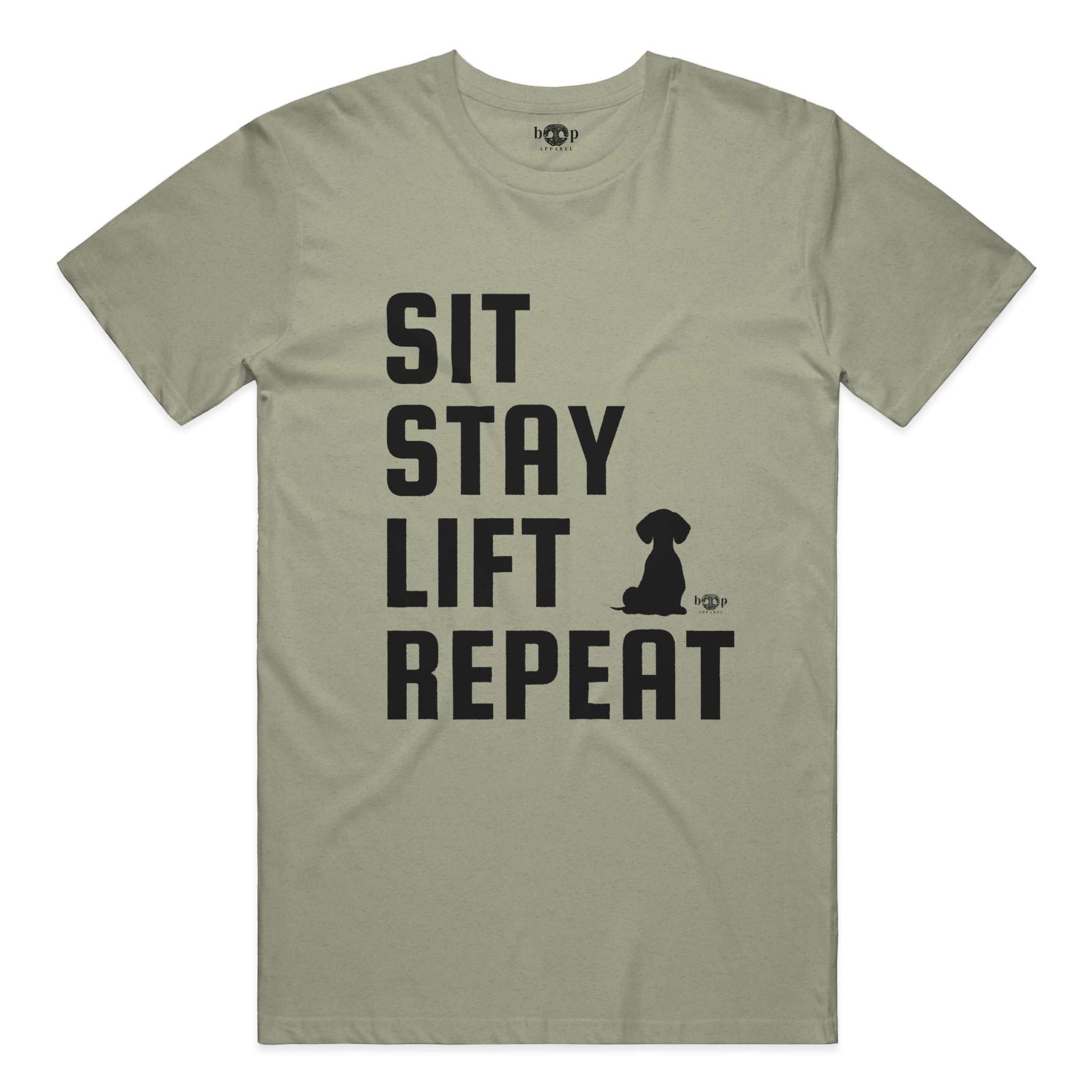Funny dog owner t-shirt with sarcastic humor -Sit, Stay, Lift, Repeat - Heather T