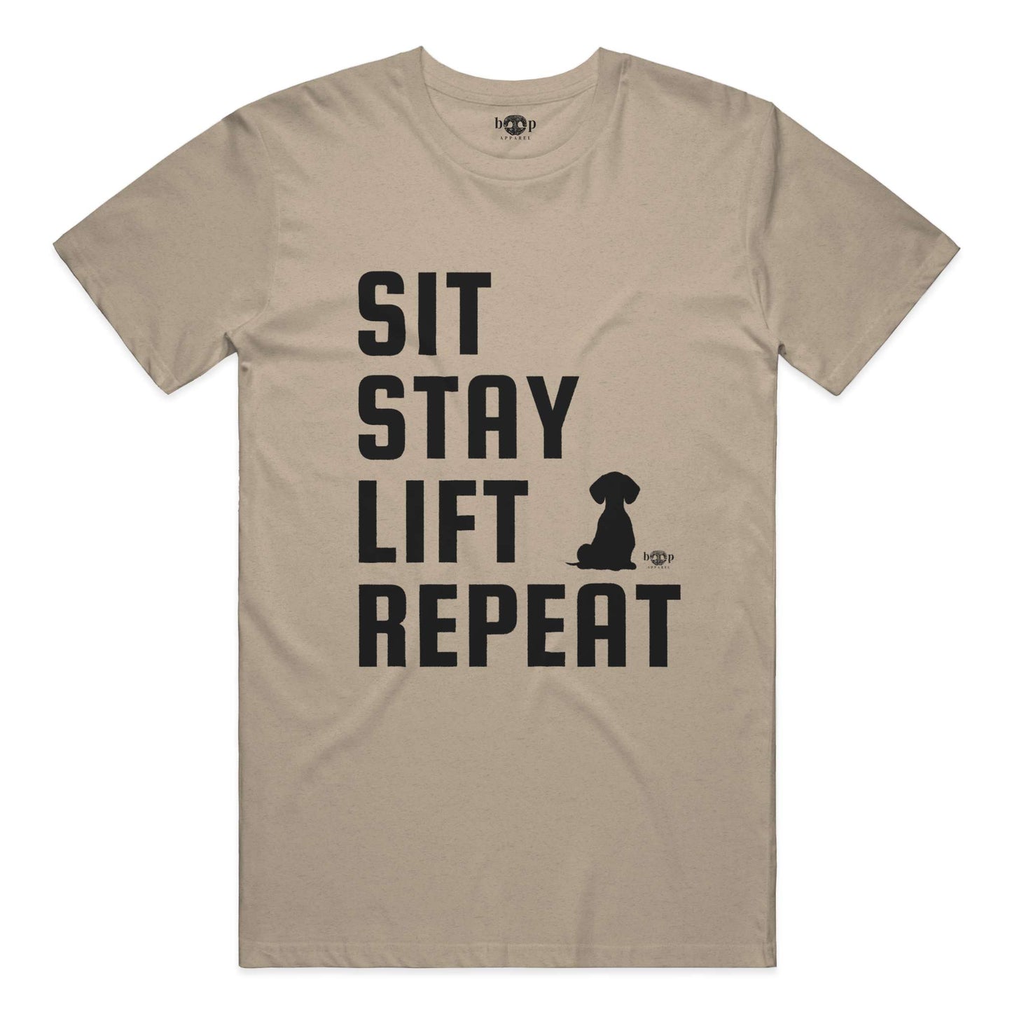 Funny dog owner t-shirt with sarcastic humor -Sit, Stay, Lift, Repeat - Heather T