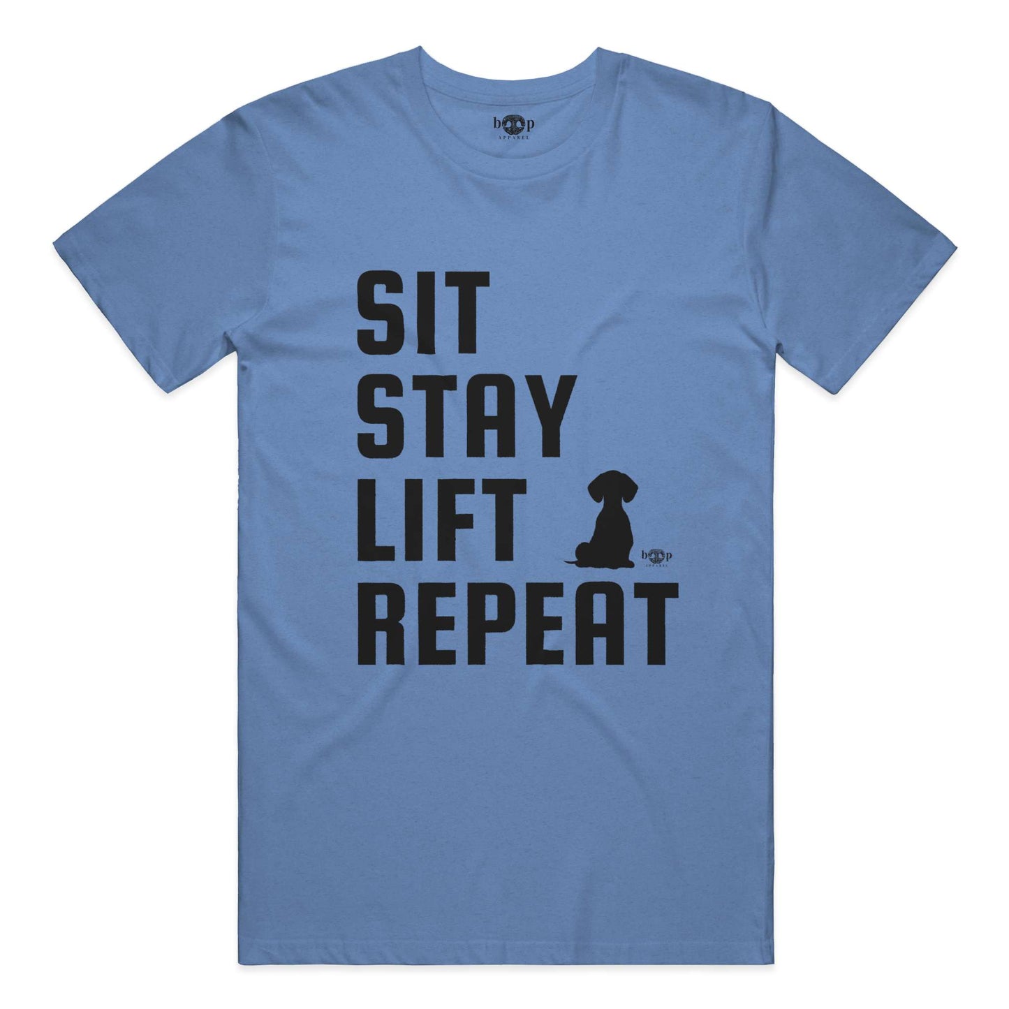 Funny dog owner t-shirt with sarcastic humor -Sit, Stay, Lift, Repeat - Heather T