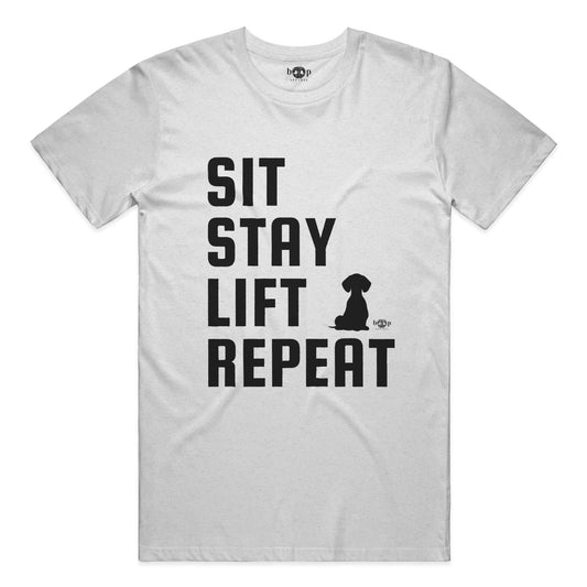 Funny dog owner t-shirt with sarcastic humor -Sit, Stay, Lift, Repeat - Heather T