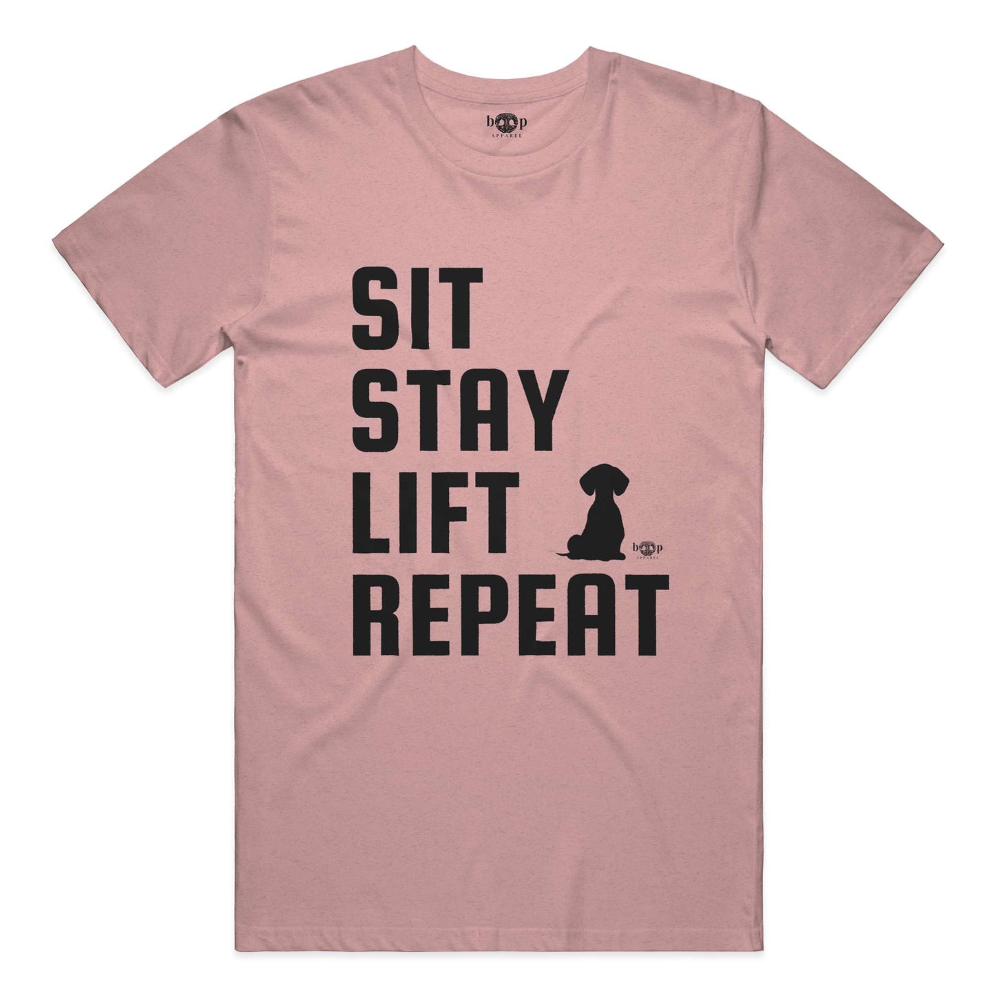 Funny dog owner t-shirt with sarcastic humor -Sit, Stay, Lift, Repeat - Heather T