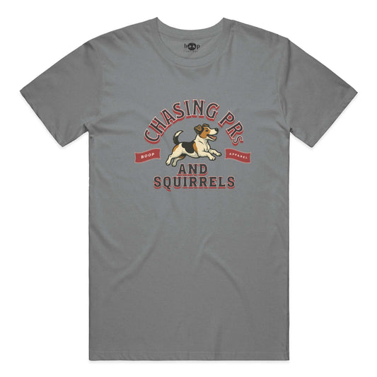 Funny dog owner t-shirt with sarcastic humor -Chasing PRs and Squirrels - Triblend T