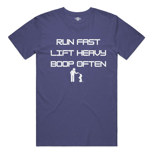 Funny dog owner t-shirt with sarcastic humor -Run Fast. Lift Heavy. Boop Often. - Triblend T