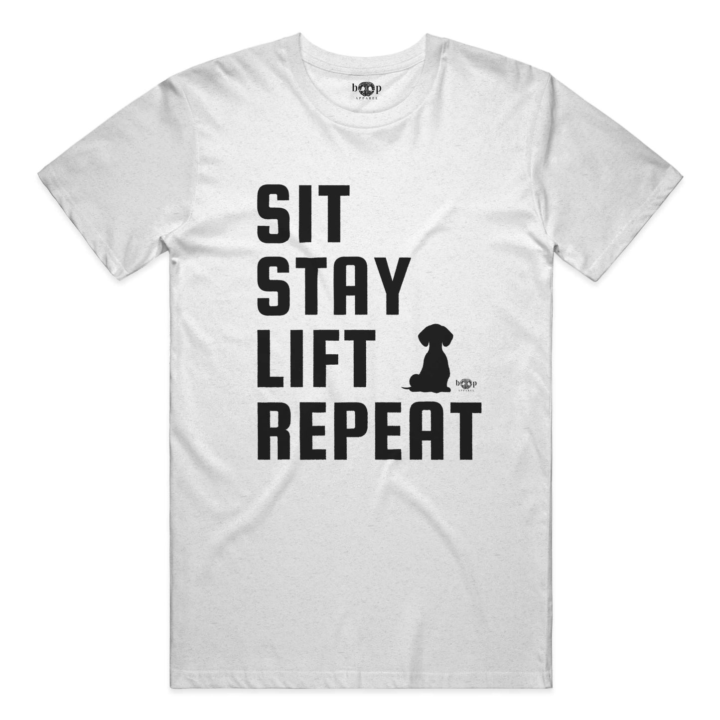 Funny dog owner t-shirt with sarcastic humor -Sit, Stay, Lift, Repeat - Triblend T