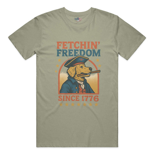 Funny dog owner t-shirt with sarcastic humor -Fetchin' Freedom - Heather T