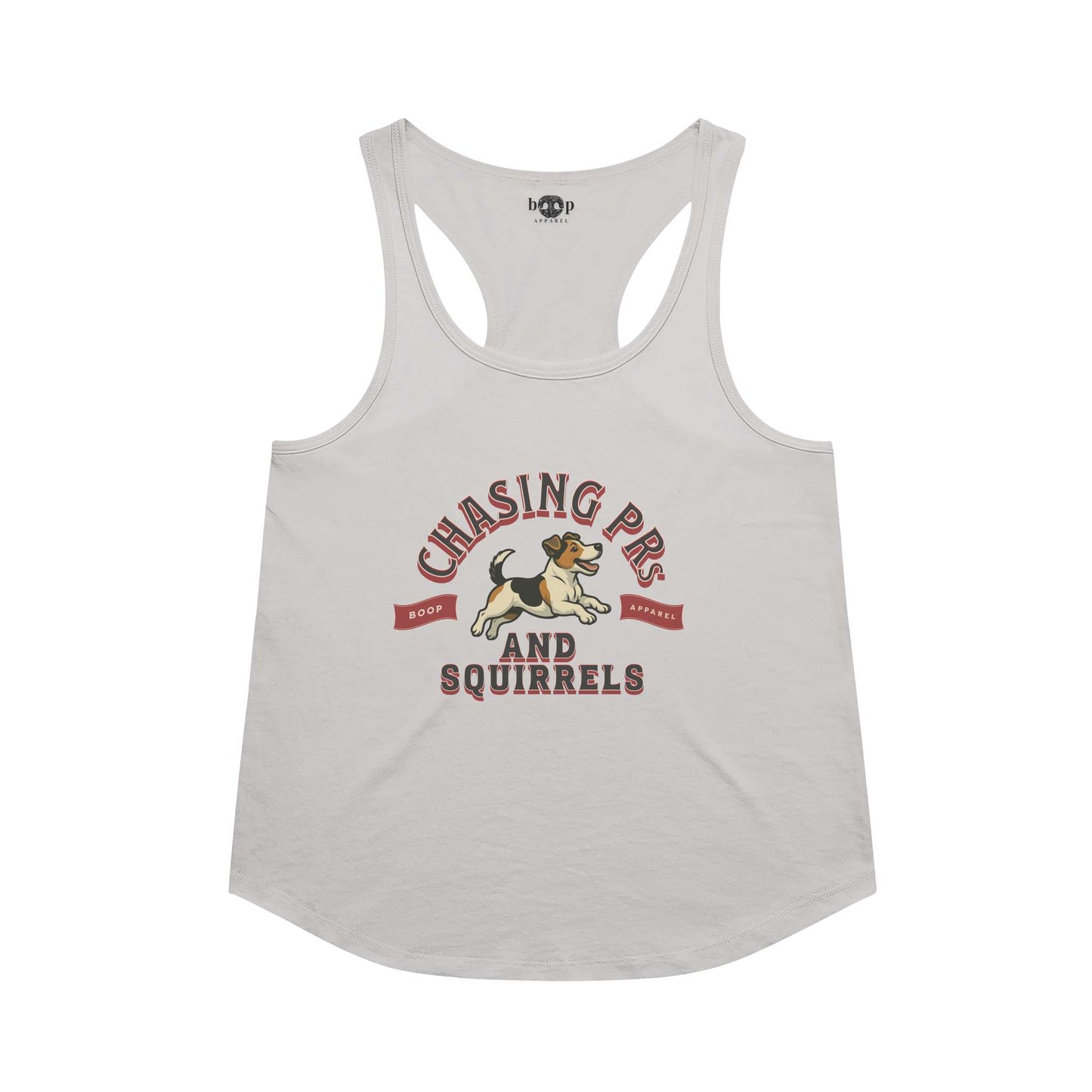 Funny dog owner t-shirt with sarcastic humor -Chasing PRs and Squirrels - Racerback Tank