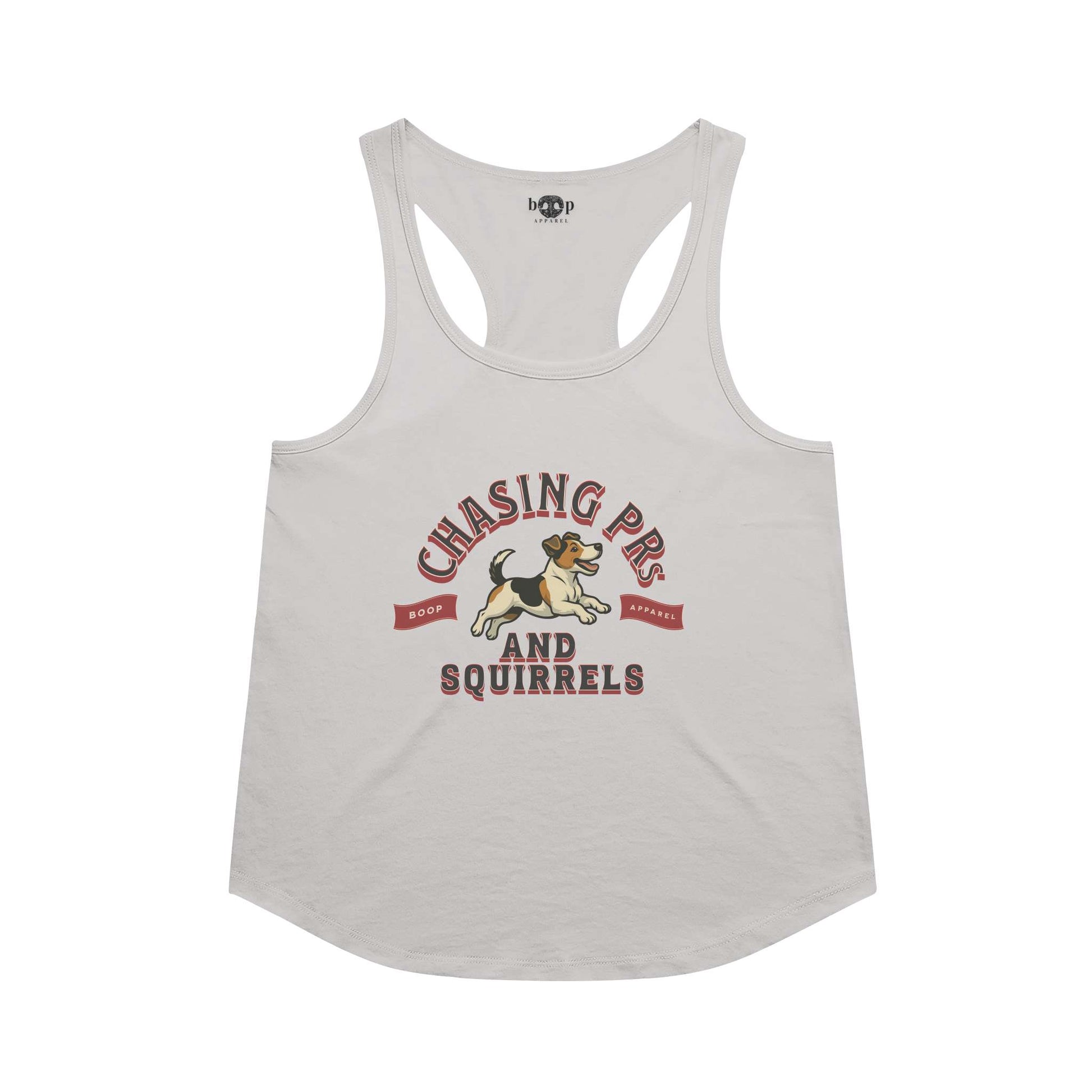 Funny dog owner t-shirt with sarcastic humor -Chasing PRs and Squirrels - Racerback Tank