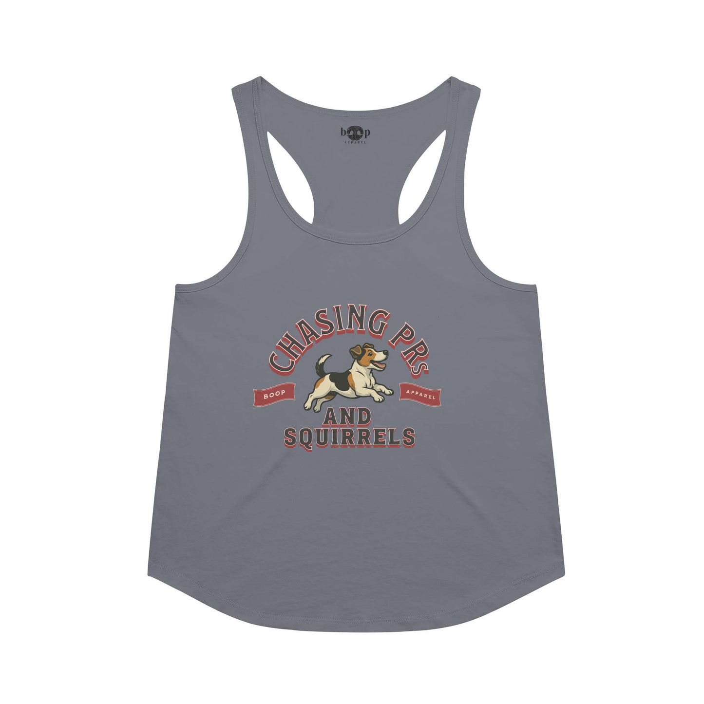 Funny dog owner t-shirt with sarcastic humor -Chasing PRs and Squirrels - Racerback Tank