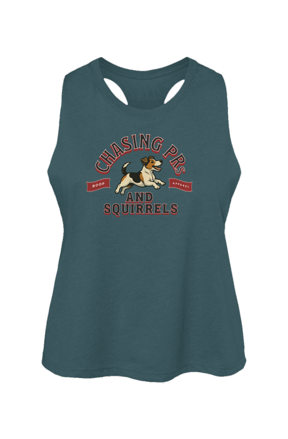 Funny dog owner t-shirt with sarcastic humor -Chasing PRs and Squirrels - Crop Tank