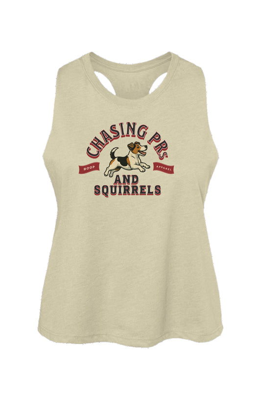 Funny dog owner t-shirt with sarcastic humor -Chasing PRs and Squirrels - Crop Tank