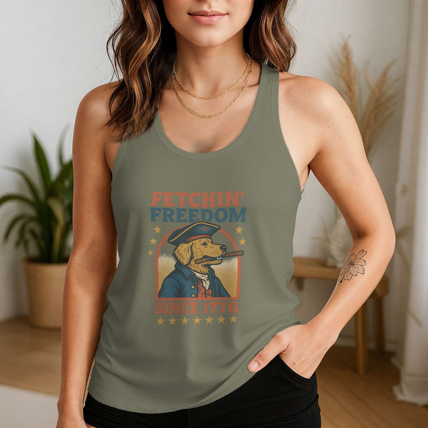 Funny dog owner t-shirt with sarcastic humor -Fetchin' Freedom - Racerback Tank