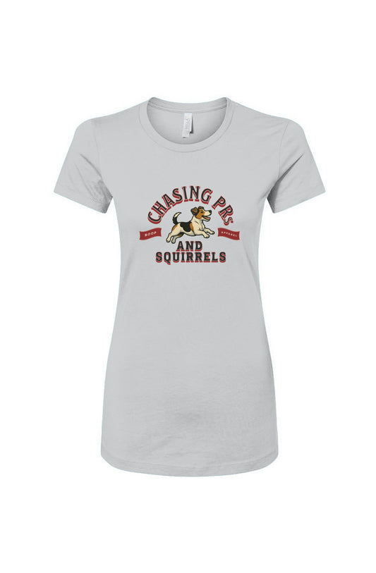 Funny dog owner t-shirt with sarcastic humor -Chasing PRs and Squirrels - Women's T