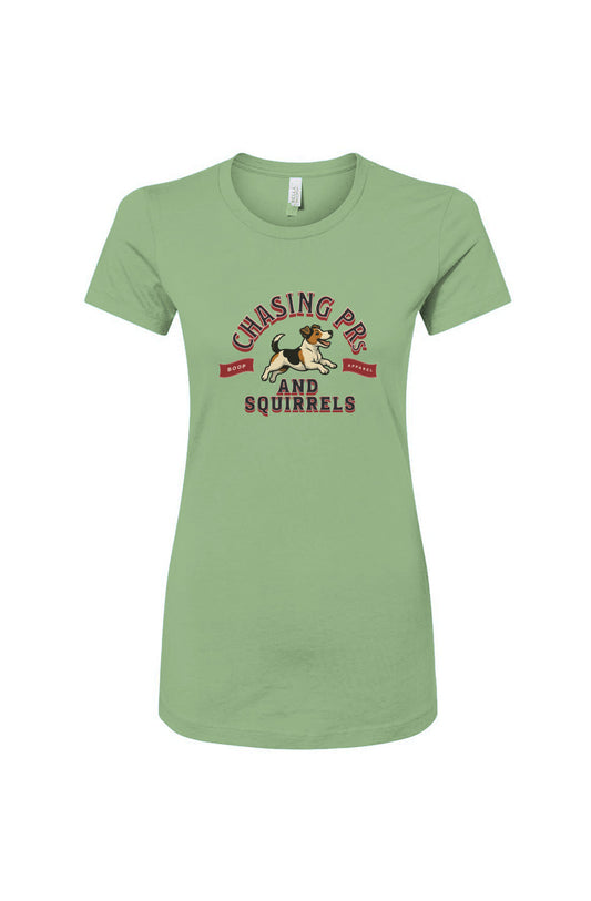 Funny dog owner t-shirt with sarcastic humor -Chasing PRs and Squirrels - Women's T