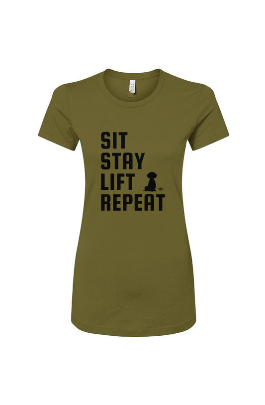 Funny dog owner t-shirt with sarcastic humor -Sit Stay Lift Repeat - Women's T