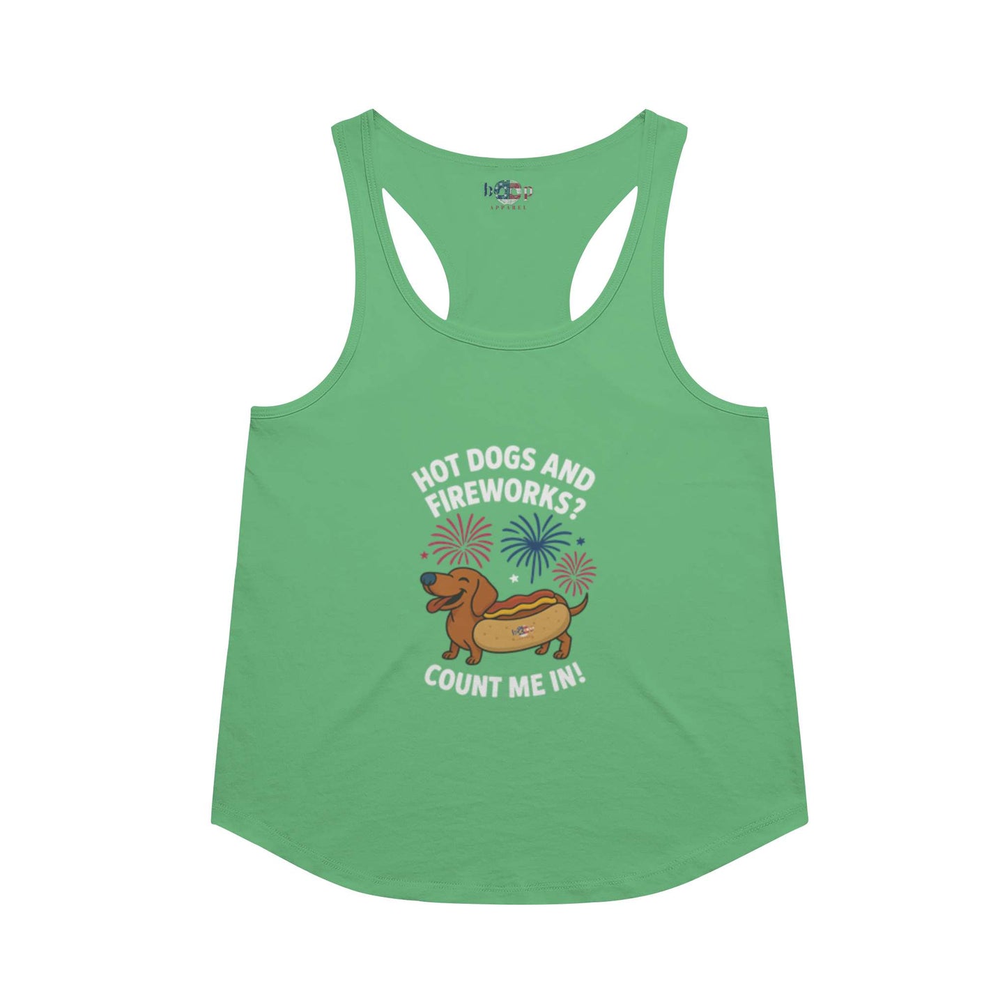 Funny dog owner t-shirt with sarcastic humor -Hot Dogs and Fireworks - Racerback Tank