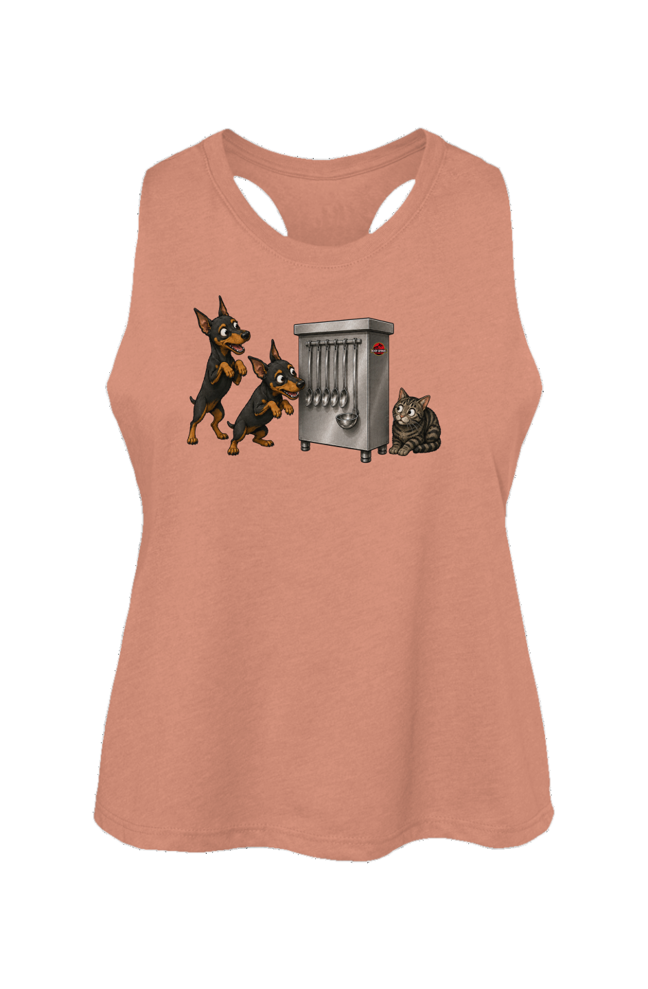 A women's sleeveless racerback tank top in a muted peach-pink color, featuring a graphic print of two Doberman dogs and a cat interacting with a silver electric space heater on a white background.