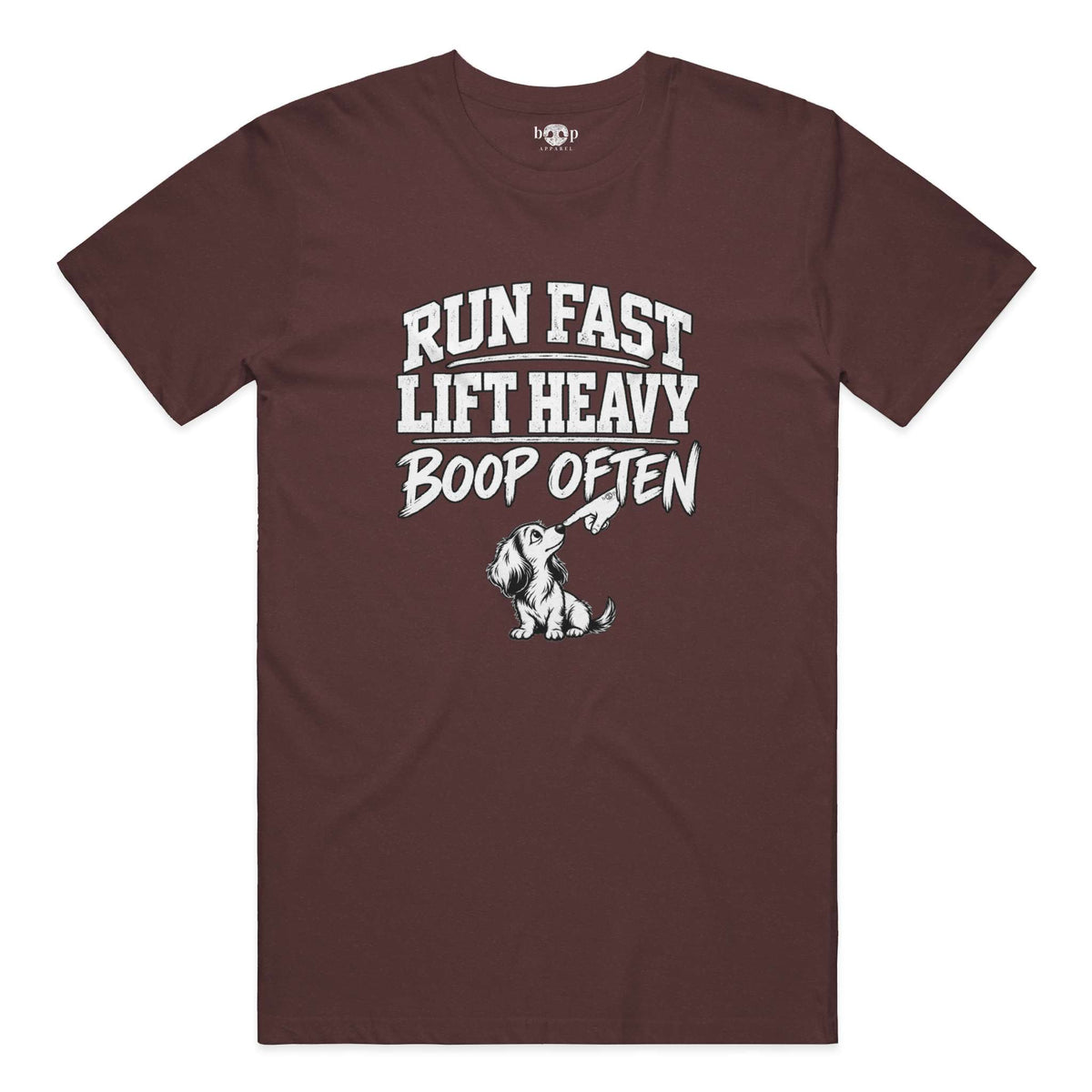 Run Fast. Lift Heavy. Boop Often. Everyday T in Heather Cardinal