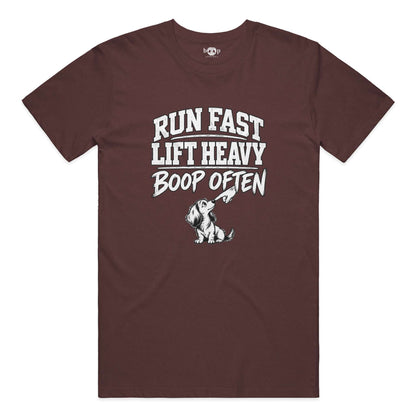 Run Fast. Lift Heavy. Boop Often. Everyday T in Heather Cardinal
