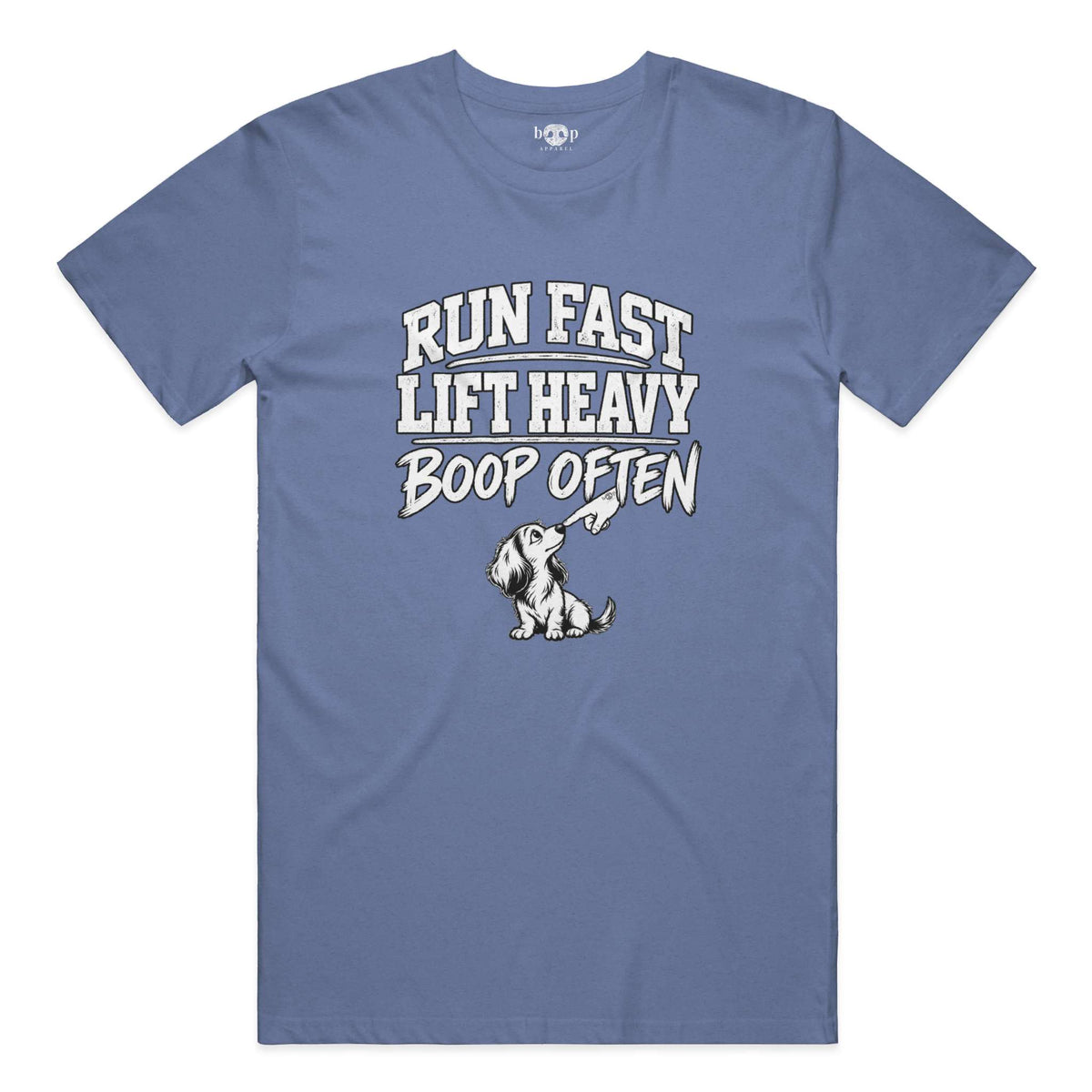 Run Fast. Lift Heavy. Boop Often. Everyday T in Heather True Royal