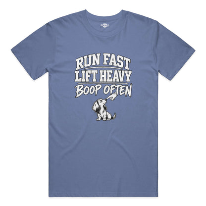 Run Fast. Lift Heavy. Boop Often. Everyday T in Heather True Royal