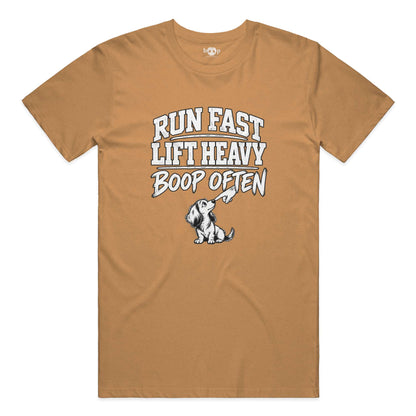 Run Fast. Lift Heavy. Boop Often. Everyday T in Heather Autumn