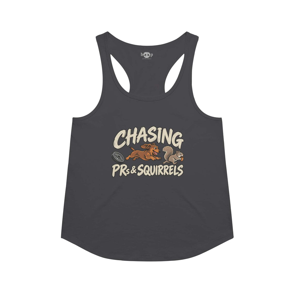 Chasing PRs and Squirrels Racerback Tank in Vintage Black