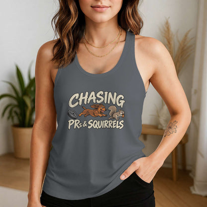 Chasing PRs and Squirrels Racerback Tank in Indigo, alternate view 1