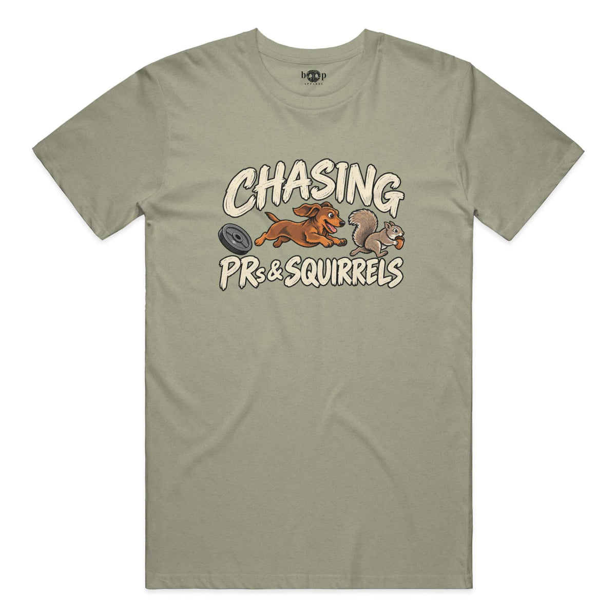 Chasing PRs and Squirrels Everyday T in Heather Olive
