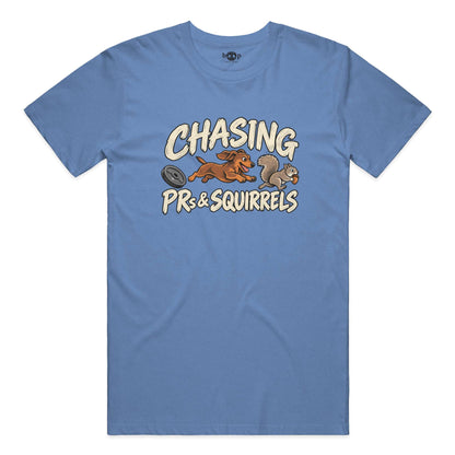 Chasing PRs and Squirrels Everyday T in Heather Columbia Blue