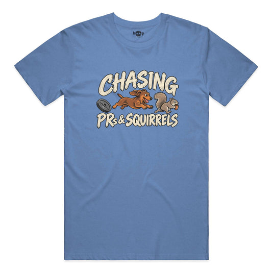 Chasing PRs and Squirrels Everyday T in Heather Columbia Blue