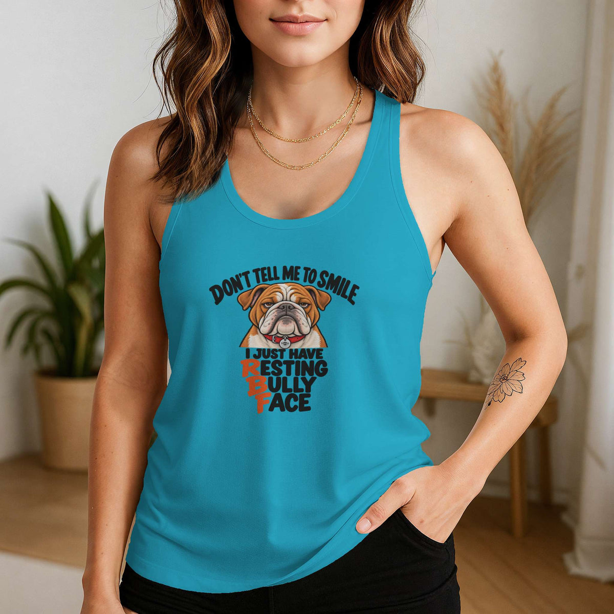 Resting Bully Face Racerback Tank in Vintage Turquoise, alternate view 1
