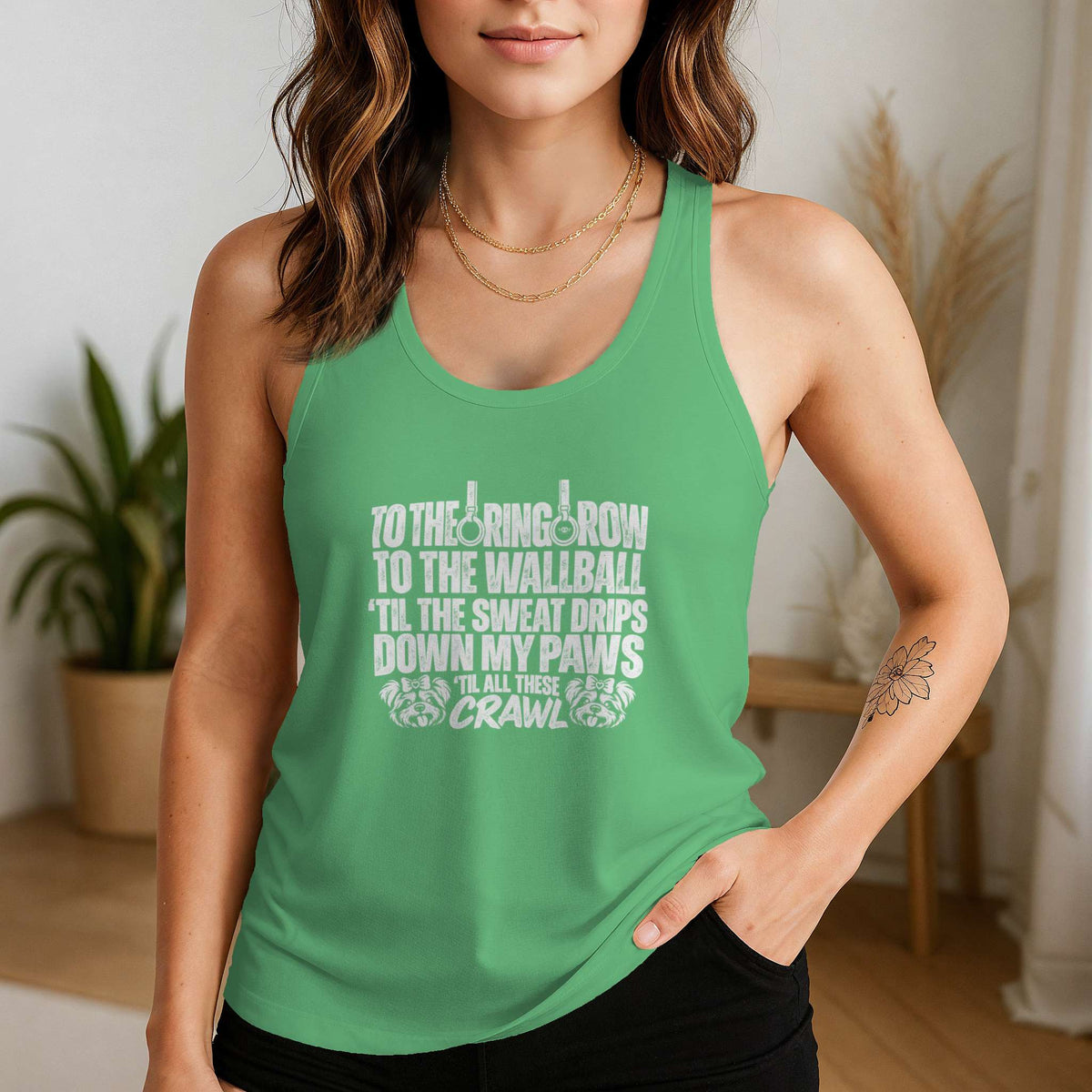 Sweat Drips Down My Paws Racerback Tank in Envy, alternate view 1