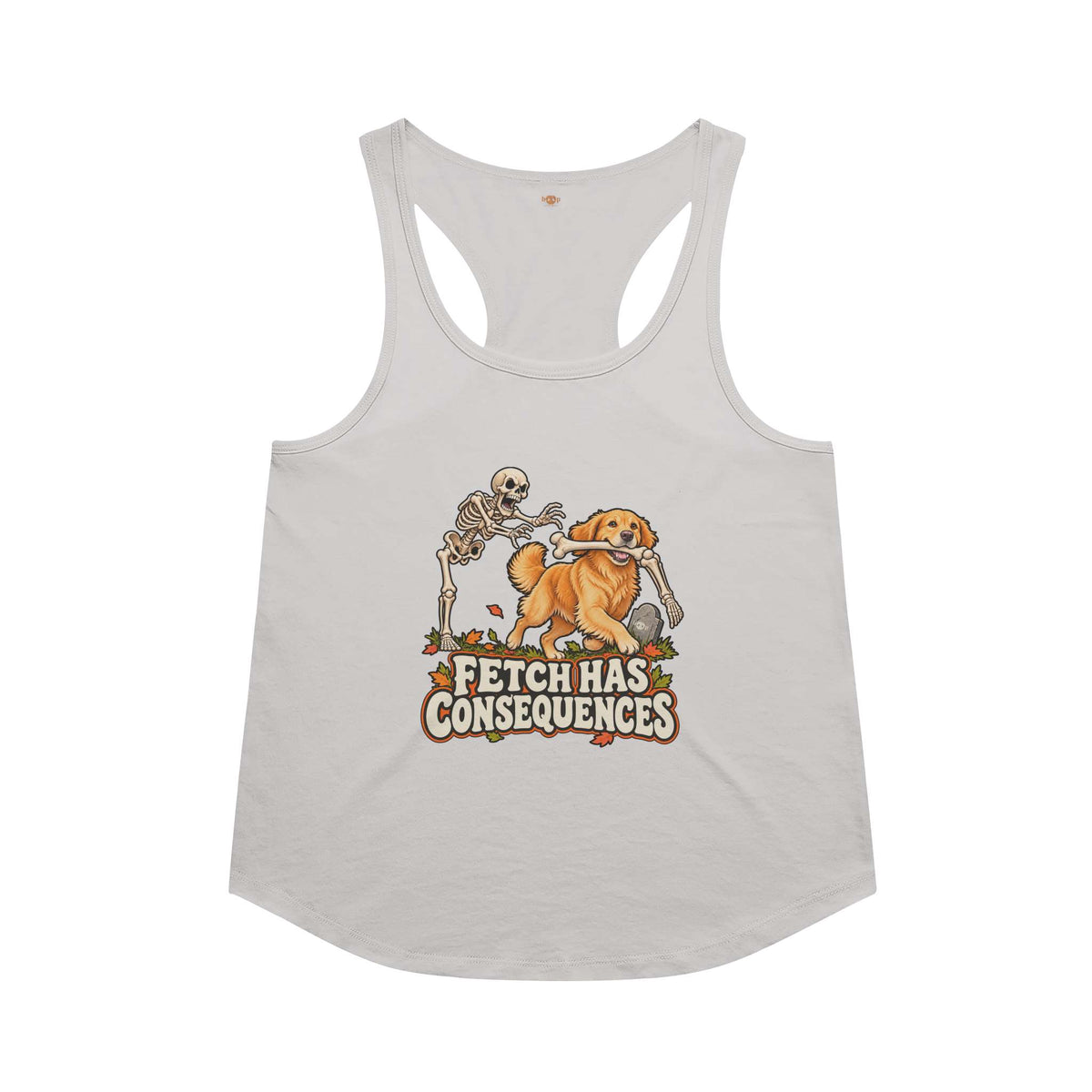 Fetch Has Consequences racerback tank in Heather White