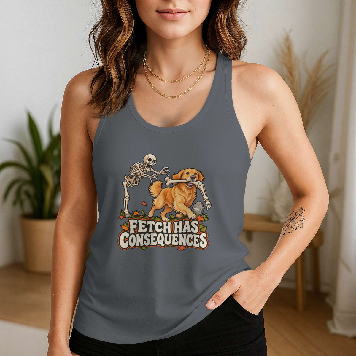 Fetch Has Consequences racerback tank in Indigo