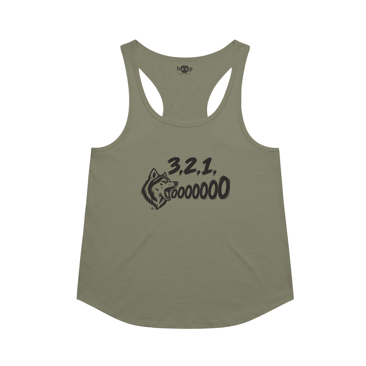 3, 2, 1, AWOOOO! Racerback Tank in Military Green