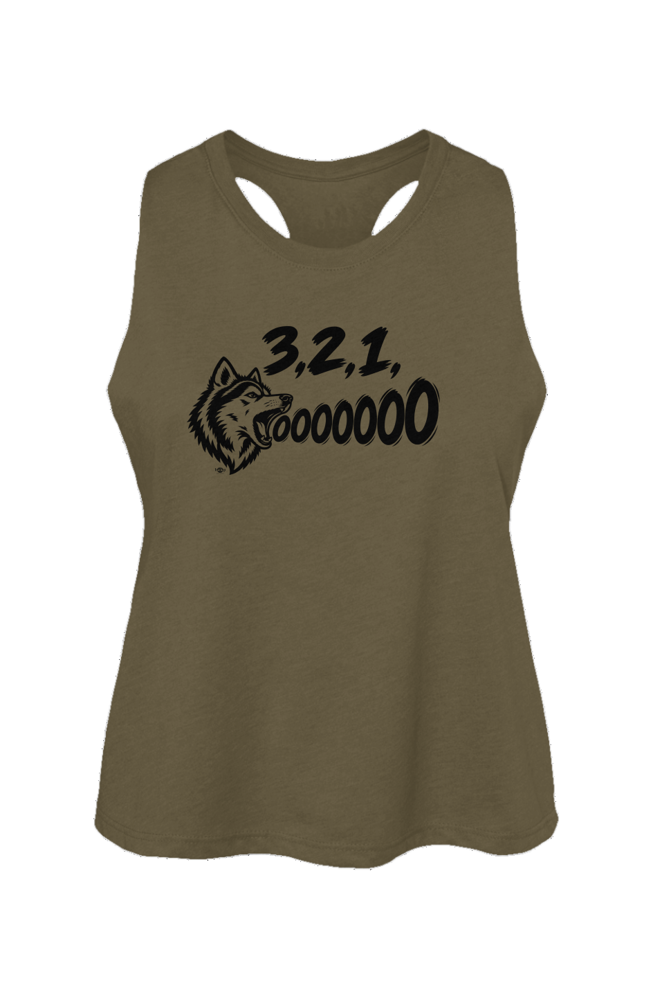 3, 2, 1, AWOOOO! Crop Tank in Heather Olive