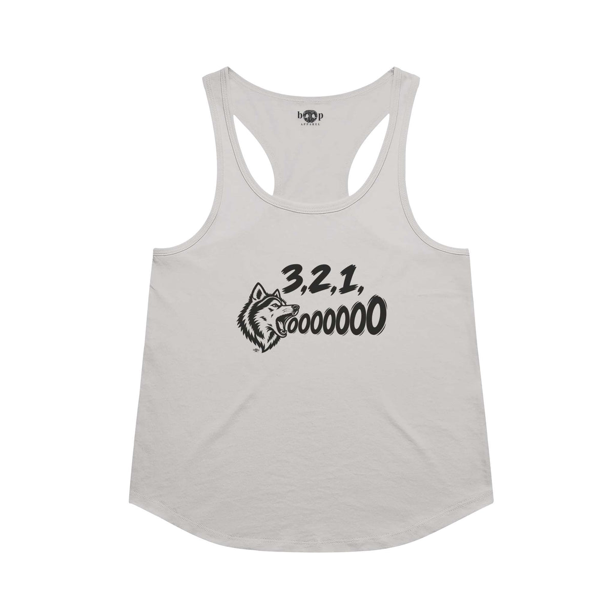 3, 2, 1, AWOOOO! Racerback Tank in Heather White