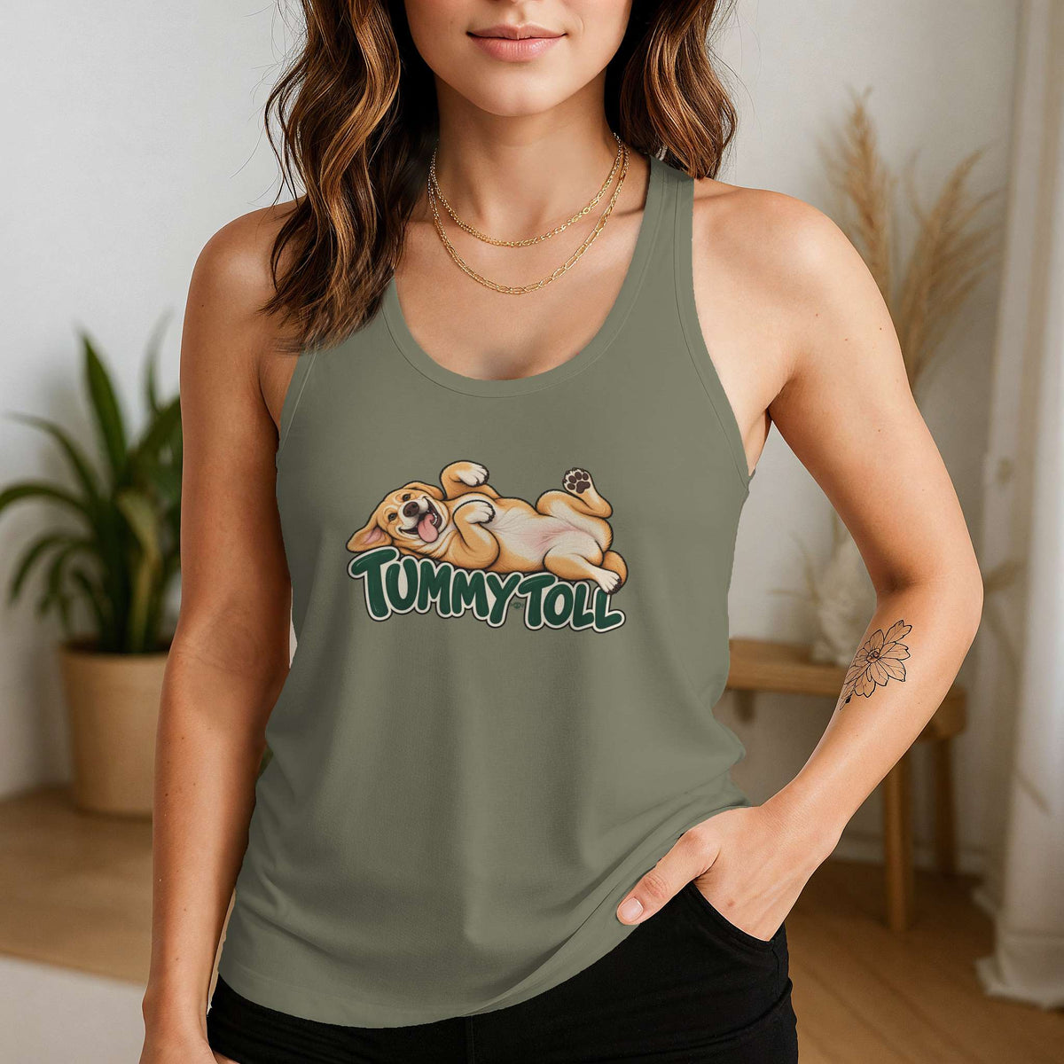 Tummy Toll Racerback Tank in Military Green, alternate view 1