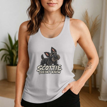 Scottie Doesn't Know Racerback Tank in Heather White, alternate view 1